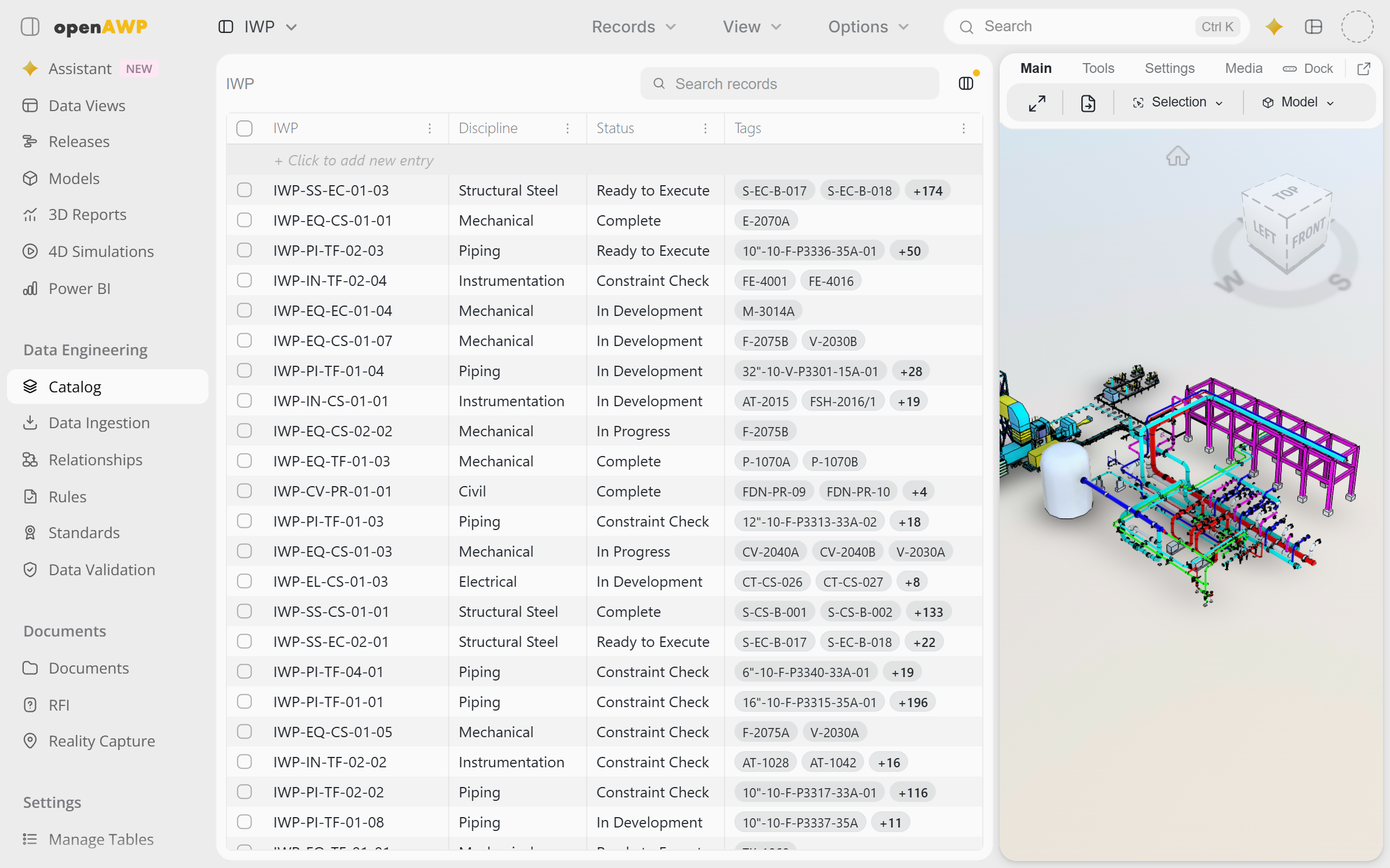 A 3D model with its work packages alongside